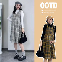 Pregnant Woman Lian Dress New Fashion Temperament Autumn Winter Checkered Woolen Vest Skirt Suit Medium Long Braces Skirt