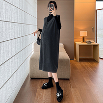 Pregnant Woman Lian Dress Dress New Fashion Temperament Autumn Winter Sweater Suit Long Dress Loose Big Code V Collar Vest Dress Winter Clothing