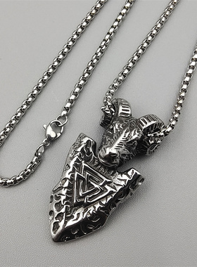 复古男女生钛钢羊头维京吊坠项链
