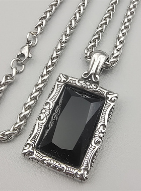 复古男女钛钢黑宝石吊坠项链百搭