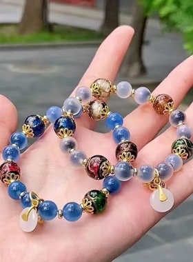 北京潘家园香灰蓝半糖手链五色多宝琉璃平安扣香积佛珠玛瑙手串女