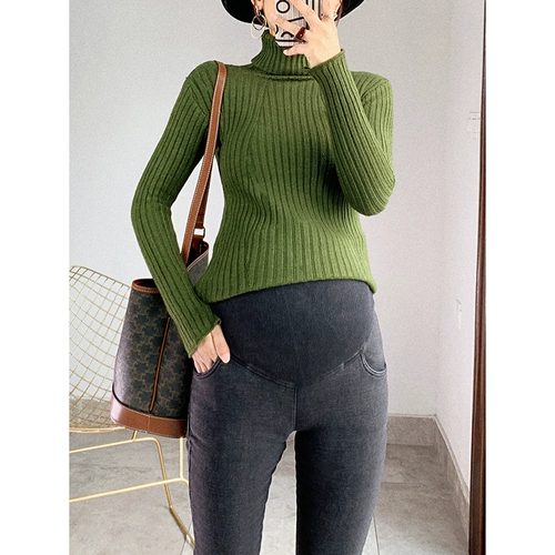 Джинсы для беременных с поддержкой живота, карандаш, демисезонные штаны для выхода на улицу, базовый трикотажный свитер, высокая талия, облегающий крой