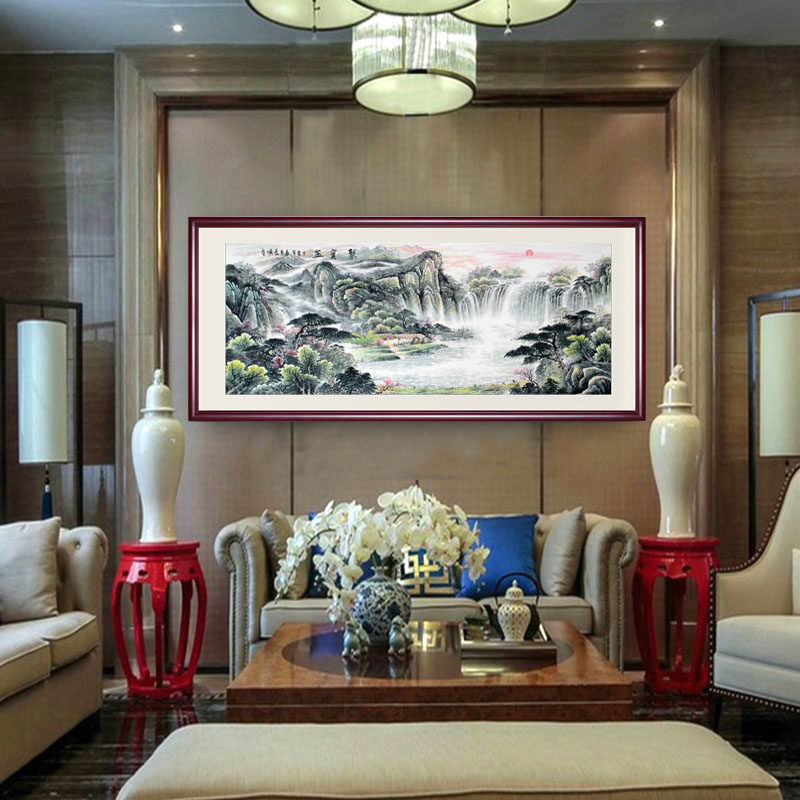 界家居聚宝盆国画山水画源远流长手绘客厅办公室靠山招财装饰画_虎窝淘