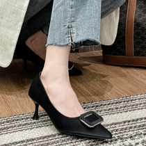 Commute temperament ~ square buckle fine heel high heel shoes female spring and autumn French style new pointed shallow mouth heel soft leather woman single shoe