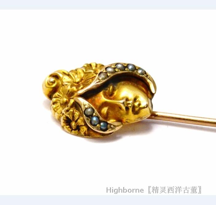 SOLD 精灵西洋古董首饰 Art Nouveau14K金种子珍珠唯美浮雕胸针 - 图1