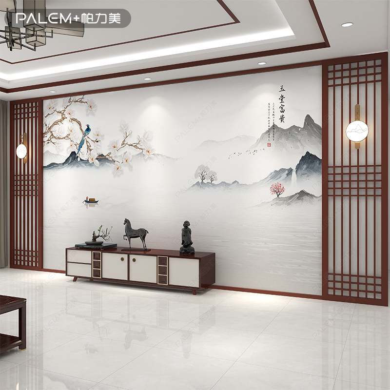 帕力美客厅新中式壁布轻奢沙发电视背景墙壁纸卧室花鸟山水壁画_虎窝淘