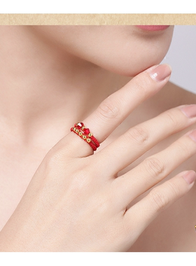 转运珠红绳仿黄金水晶戒指编织