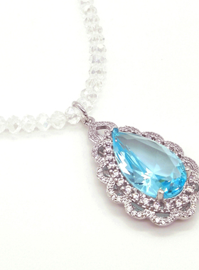 原创不掉色人鱼泪亲子人造水晶项链成人女童儿童蓝色水滴宝石项链