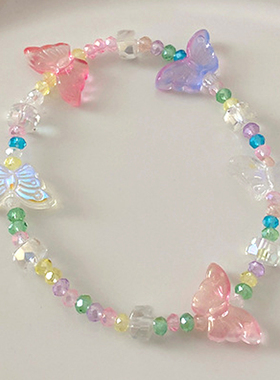 原创不掉色成人女童儿童人造水晶项链亲子彩色水晶亚克力蝴蝶项链