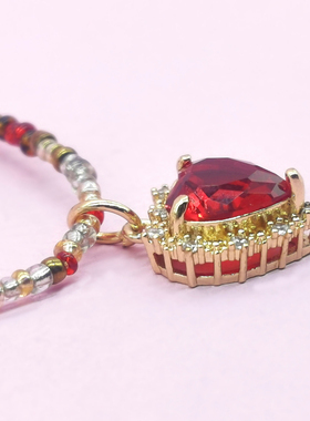 原创不掉色成人儿童亲子项链红色爱心宝石儿童项链水晶项链米珠链