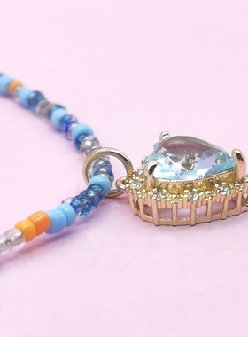 原创不掉色成人儿童亲子项链浅蓝色爱心宝石米珠水晶项链女孩项链