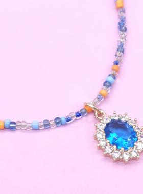 原创不掉色成人儿童亲子项链米珠海蓝色椭圆宝石儿童项链水晶项链