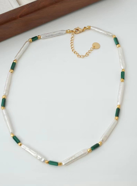 小众设计天然孔雀石异形珍珠项链