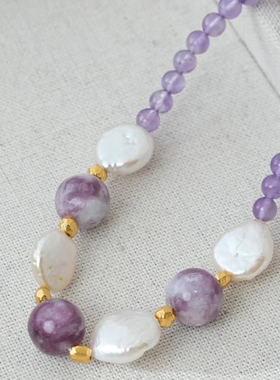 天然紫水晶紫云母珍珠项链