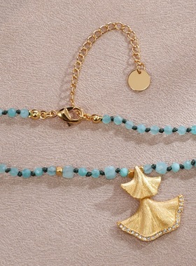 小众设计银杏叶复古风天然石串珠项链女轻奢高级感锁骨链颈链配饰