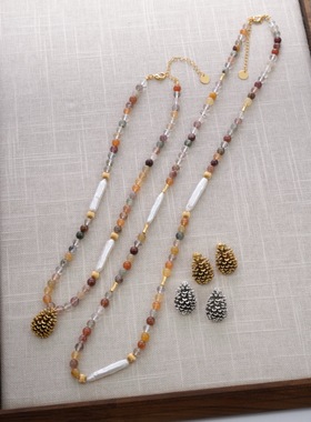 小众设计天然石串珠巴洛克珍珠编绳松果吊坠轻奢高级气质项链耳环