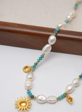 天然绿松石珍珠项链女夏日清新