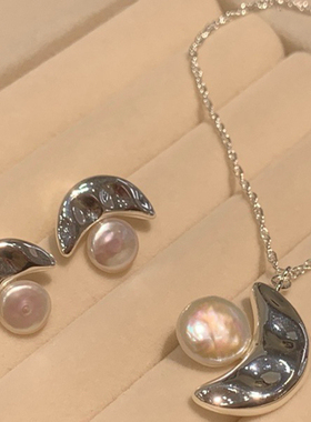 小众银色月牙天然珍珠项链