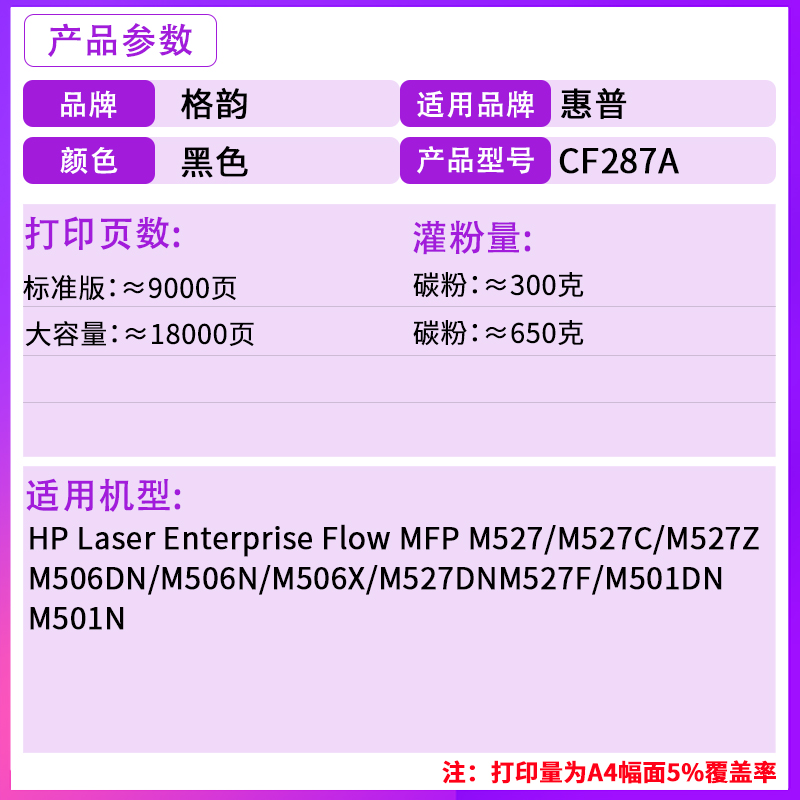 格韵cf287a硒鼓 适用惠普m527 m501 m506dn m527f m501n dn HP87A m527z m506x粉盒 m527dn激光打印机 - 图1