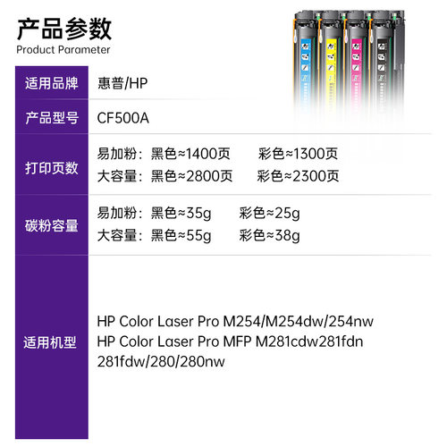 格韵适用惠普m281fdw硒鼓m254dw/dn/nw m280nw打印机硒鼓HP202A粉盒CF500A m281fdn/cdw彩色打印碳粉cf540a-图1