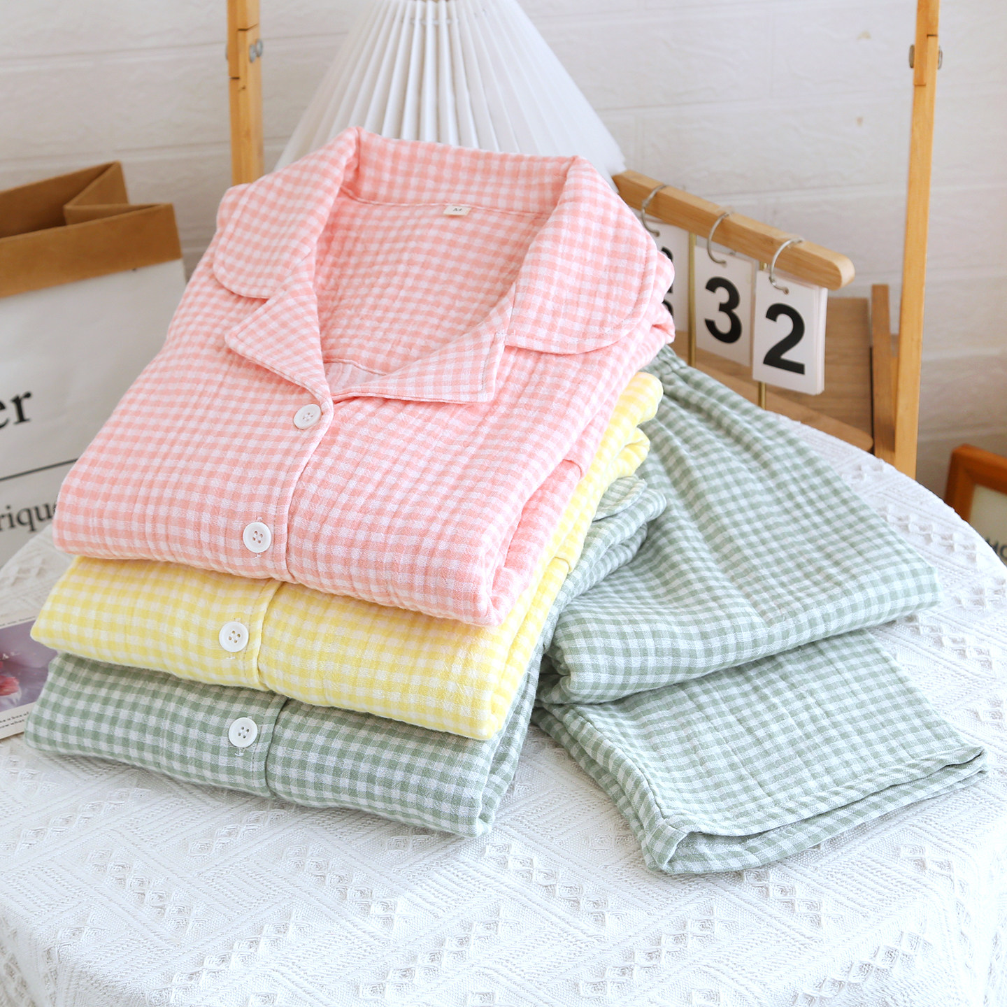 新款网红包边纯棉四层纱布睡衣女士春秋季长袖套装无印格子家居服,淘宝优惠券,粉丝福利购,淘宝优惠卷