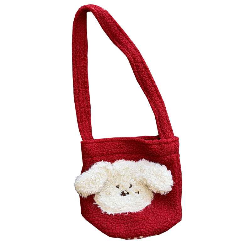 ins风毛绒小狗包包女百搭新款羊羔绒水桶包红色斜挎一根带手机包,淘宝优惠券,粉丝福利购,淘宝优惠卷