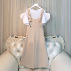 Свадебное платье 大码女装夏季2022新款微胖妹妹遮肚雪纺t恤+背带阔腿裤子两件套装