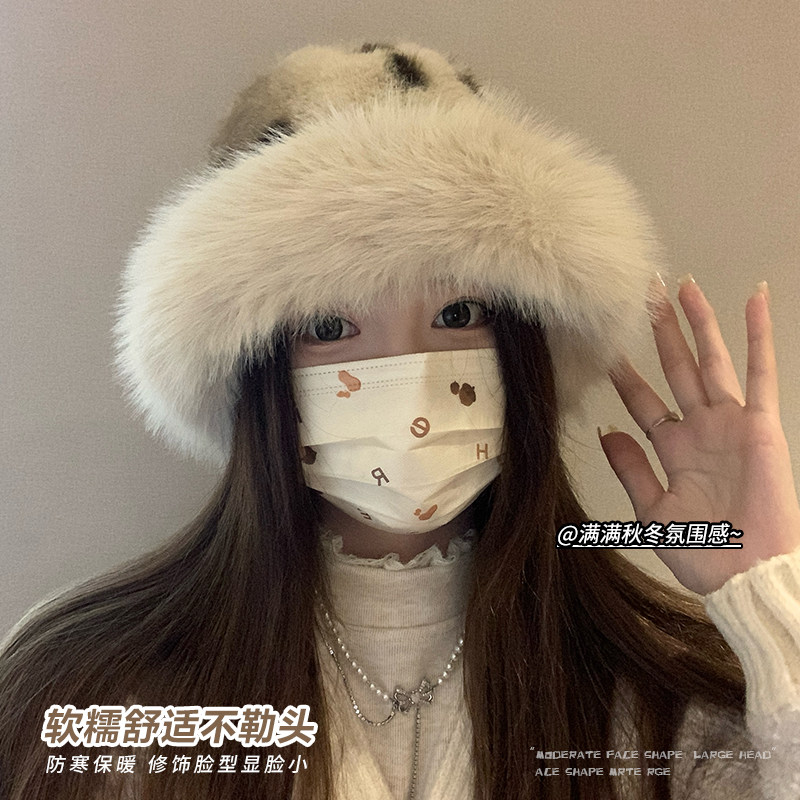 豹纹毛绒渔夫帽子女冬季百搭显脸小东北蒙古帽加绒保暖护耳帽盆帽,淘宝优惠券,粉丝福利购,淘宝优惠卷