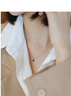 黑色幽默S925银镀14K金黑玛瑙吊坠纯银锁骨链女款简约风韩版ins风