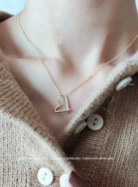 wish热卖 S925纯银镀14K金项链 立体镂空镶钻爱心吊坠项链锁骨链