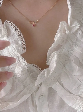 心飞翔~S925纯银镀金日式轻奢甜美蝴蝶结爱心项链小巧精致锁骨链