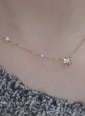 盛放~通体S925纯银镀14K金项链女小花朵吊坠简约气质百搭细锁骨链