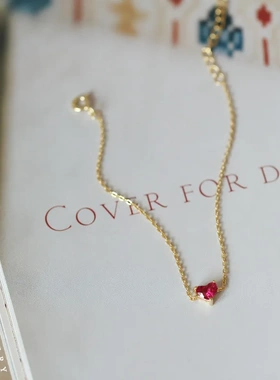 S925纯银镀14K金小红心手链女 韩版气质简约日式风格红色宝石手链