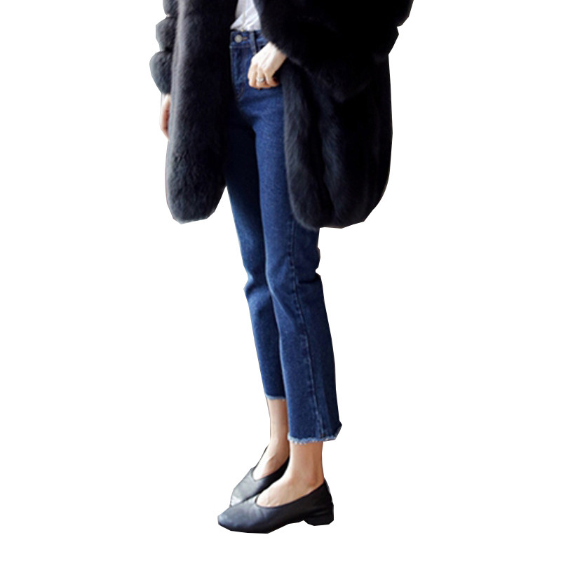 深蓝色直筒宽松高腰八分修身牛仔裤 冰雪丹尼牛仔裤