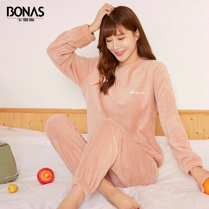宝娜斯秋冬季加绒可外穿珊瑚绒睡衣 宝娜斯天牛睡衣/家居服套装
