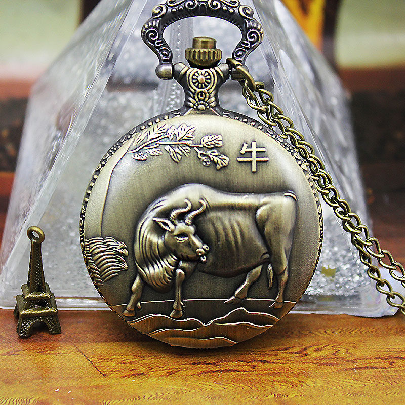 生肖牛翻盖复古大字男女士石英怀表 木川怀表