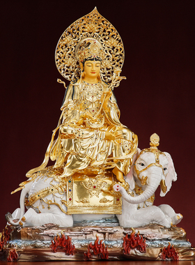台湾贴金文殊普贤菩萨铜佛像摆件