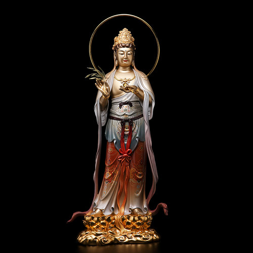 台湾精雕彩绘西方三圣站像带背光供奉阿弥陀佛站像大势至观音铜像 - 图2