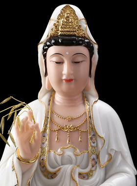 玉石摆件保平安供奉描金观音佛像