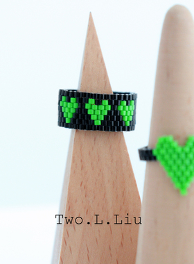 绿色爱心戒指手工串珠百搭个性