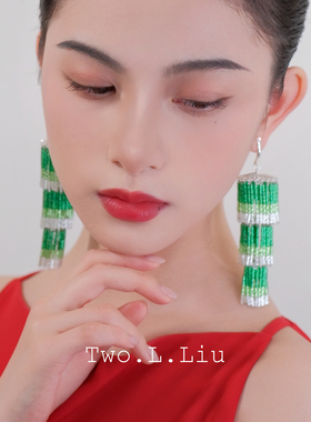 新中式蓝绿流苏耳环女高级感