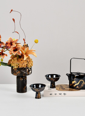 新中式轻奢插花黑金茶具花艺装饰