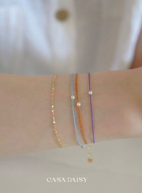 「斑斓」极细彩色纹身手绳淡水珍珠手链女小众叠戴14k包金手饰夏