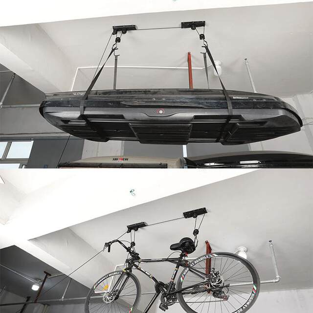 Suspended rack kayak underground garage ceiling roof box