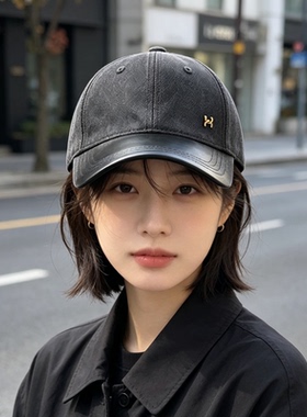 复古棕皮拼接大檐棒球帽男女通用