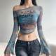 Retro smudged slant collar off-shoulder mesh long-sleeved T-shirt 2025 new letter printed slim short hot girl top