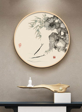 点睛配画玄关新中式圆形石竹挂画
