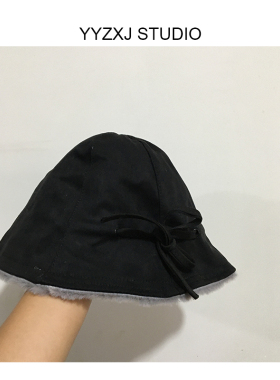 日系蝴蝶结麂皮毛绒水桶帽女秋冬保暖显脸小百搭盆帽渔夫帽女