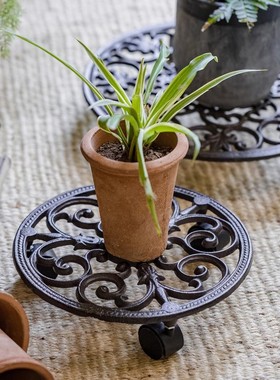 北欧轻奢铸铁花盆托盘地托底托万向轮装饰古典复古大型盆栽移动
