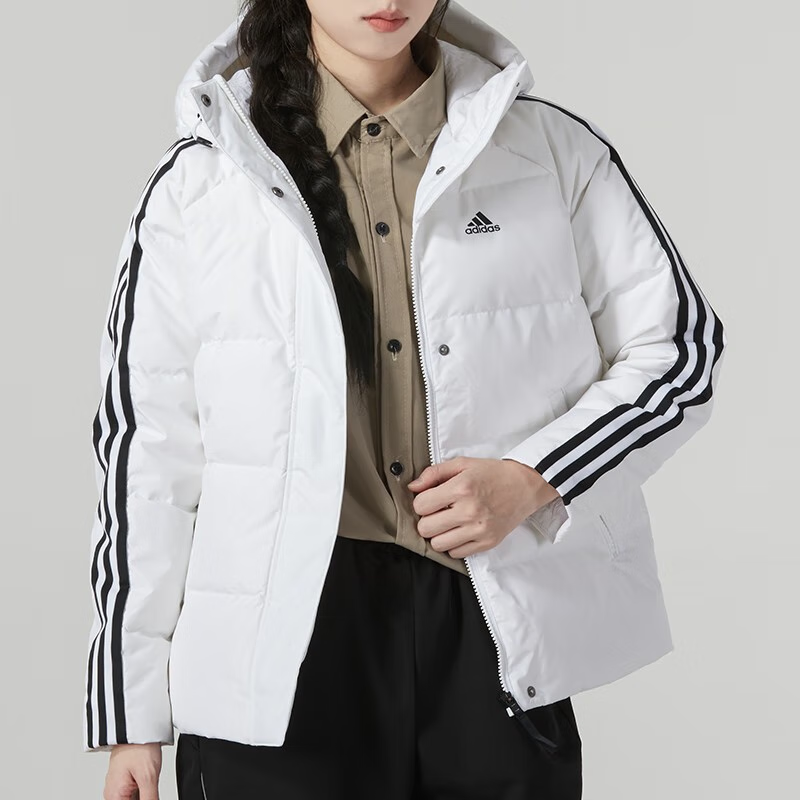 Adidas阿迪达斯羽绒服女装冬季三条纹连帽短款保暖运动外套IT8721